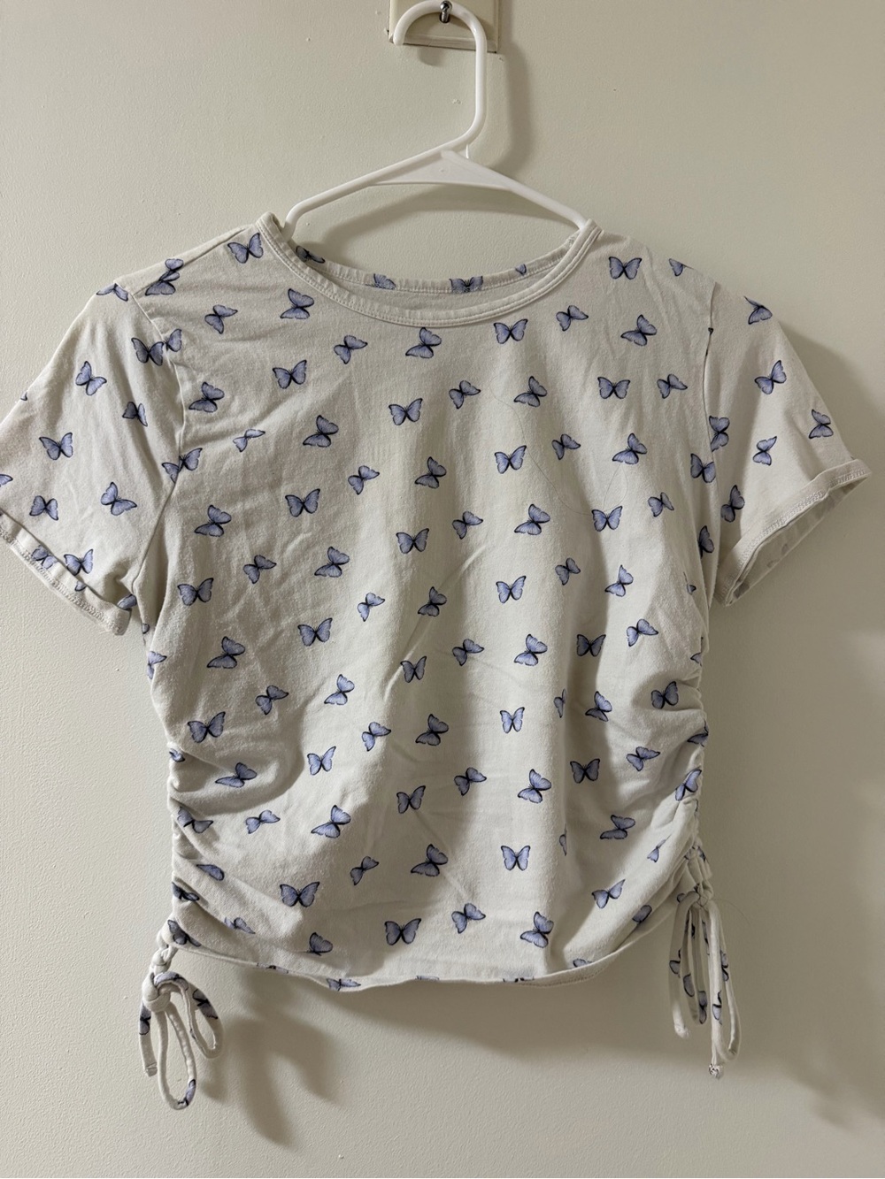 Hollister Baby Tee Women L White Like New Butterfly Print Ruched Crop Top